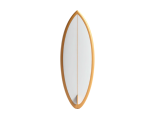A pristine white surfboard with golden edges against a stark black background