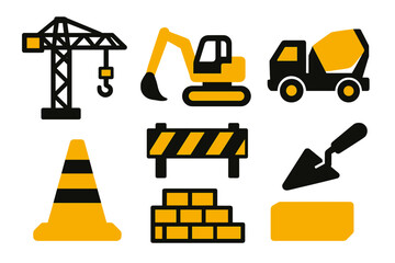 Construction site tools and equipment in bright colors for building projects and safety measures