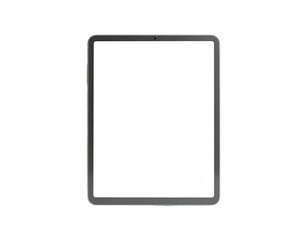 A frontal, isolated shot of a rectangular tablet with blank, white screen