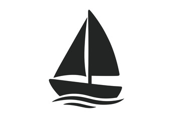 Classic black sailboat silhouette with sails up navigating calm ocean waves