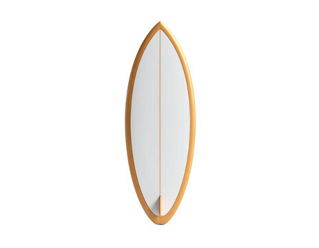 A pristine white surfboard with golden edges against a stark black background