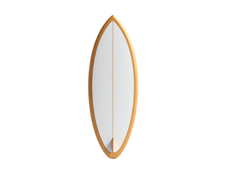 A pristine white surfboard with golden edges against a stark black background