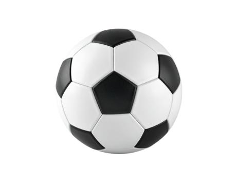 A classic black and white soccer ball, centered on a transparent background