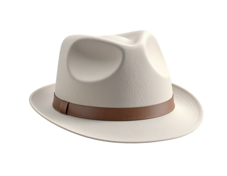 Elegant, off-white fedora hat with brown leather band on a black background