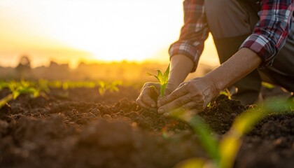A farmer is planting a seedling in a field, illuminated by the warm light of sunrise or sunset. The hands of the farmer carefully place the young plant in the soil