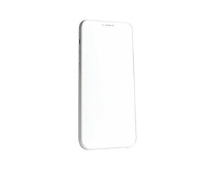 A sleek, white smartphone, slightly angled, with a blank screen against black background