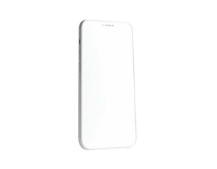 A sleek, white smartphone, slightly angled, with a blank screen against black background