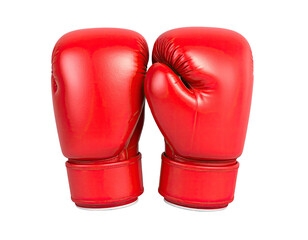 Pair of vibrant red boxing gloves stand together against a transparent background