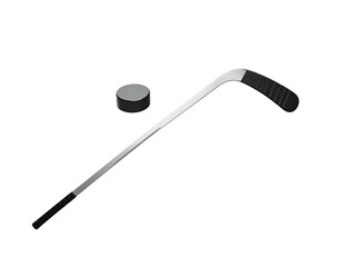A grayscale illustration depicting a hockey puck and hockey stick