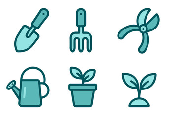 Garden tools and plant symbols for gardening, cultivation, and nurturing plants during the spring season
