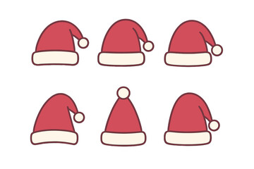 Collection of festive red and white Santa hats for Christmas and holiday season designs