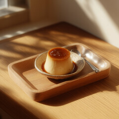 Caramel pudding custard on wooden tray
