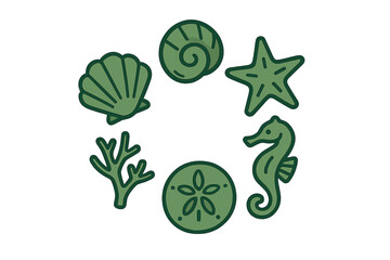 Stylized green marine life icons arranged in a circular pattern on a white background