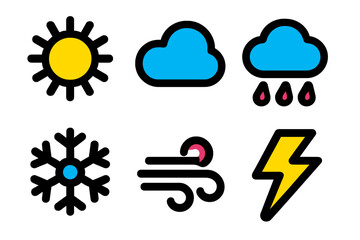 Weather symbols representing different conditions displayed in a simple graphic layout with bright colors
