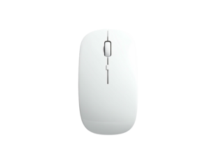 Top-down view of a white, modern, streamlined computer mouse on a black background
