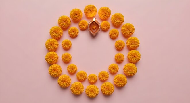 Diwali oil lamp and marigold flowers arranged in a circle on a pink background.