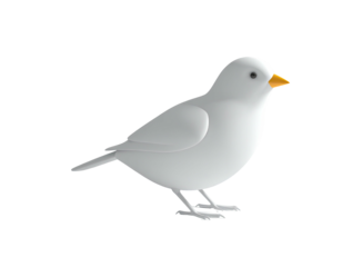 A simple, stylized, white bird with a yellow beak, standing on a black background