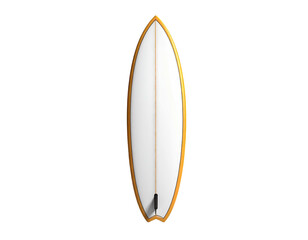 Pristine, overhead perspective of a sleek surfboard with a golden edge on black