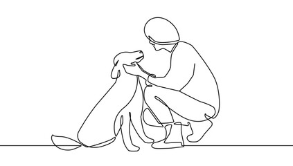 Woman with Dog One Line Vector Illustration. Continuous Single Line Drawing of Girl and Dog. Domestic Animal on Hands Hand Drawn Vector Illustration. Pet Contour Silhouette Outline Style