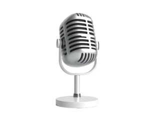 A classic silver microphone, detailed and isolated, against a black background