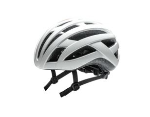 White cycling helmet angled slightly, with numerous air vents. Black background