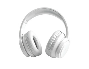 White, over-ear headphones isolated on a black background, centered and well lit