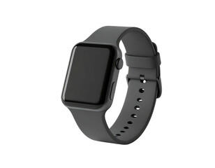 Black smartwatch with dark strap and display, on a solid black background