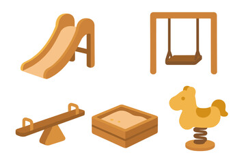Playground equipment featuring a slide, swing, seesaw, sandbox, and rocking horse designed for children's fun