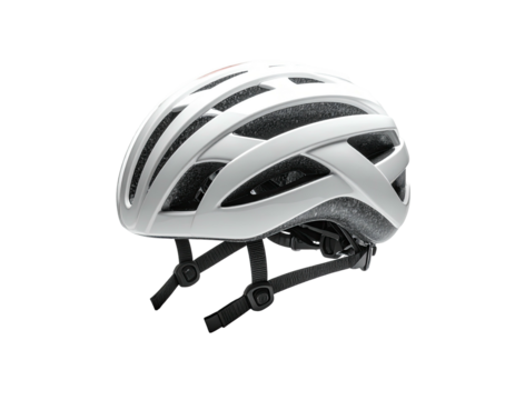 White cycling helmet angled slightly, with numerous air vents. Black background