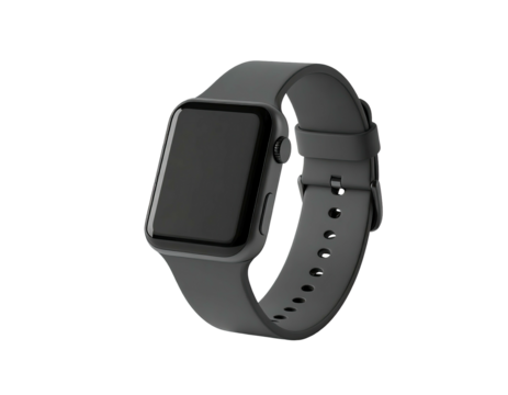 Black smartwatch with dark strap and display, on a solid black background - Powered by Adobe