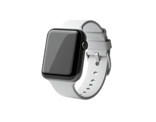 A sleek, modern smartwatch with a black screen and white band, isolated
