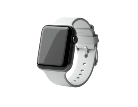 A sleek, modern smartwatch with a black screen and white band, isolated