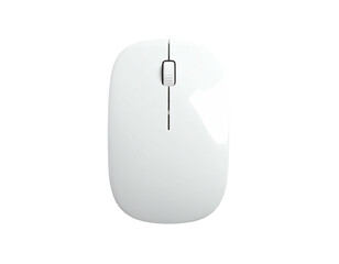 A sleek, white, wireless computer mouse, top view, on a stark black background