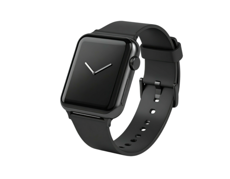 Modern smartwatch with a sleek black design and minimalist silver hands on the screen