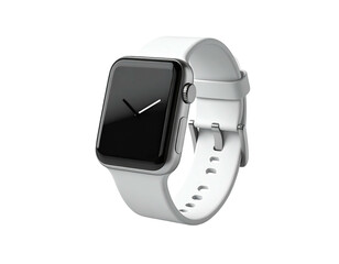 Modern smartwatch, stainless steel case, white band, black screen, isolated on black