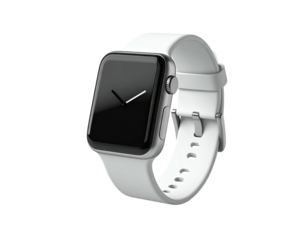 Modern smartwatch, stainless steel case, white band, black screen, isolated on black