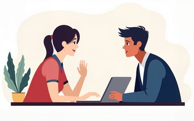 Two colleagues are meeting and discussing work, one using a laptop on desk This illustration is perfect for teamwork and business concepts. High quality