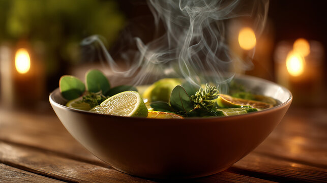Steaming bowl of citrus and herbs for bio sauna.