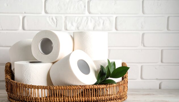 Toilet Paper Rolls in Wicker Basket with Greenery Against White Brick Wall