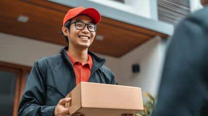 smiling Asian delivery man courier staff holding parcel cardboard box smiling to customer