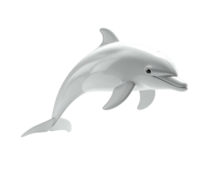 A glossy, stylized white dolphin leaps gracefully against a stark black backdrop