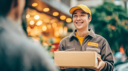 smiling Asian delivery man courier staff holding parcel cardboard box smiling to customer