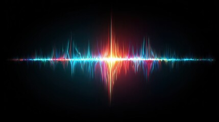 A vibrant, colorful audio waveform with vertical light burst, spanning horizontally against a black backdrop