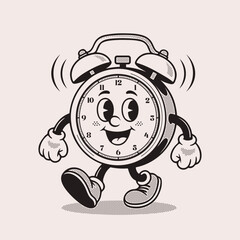 Vintage Cartoon Alarm Clock Character Vector Illustration In Black And White