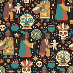 Obraz premium Retro Halloween Voodoo Magician Seamless Pattern – Vintage Illustration Nostalgic Bold Style for Posters and Fabrics Vector