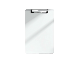 Overhead shot of a blank white clipboard with metal clip against a stark black backdrop