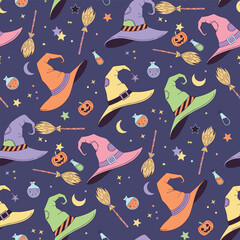 Seamless Halloween witch hat pattern spooky cute minimalist playful party vector