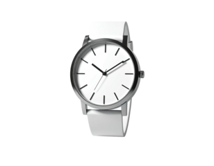 Silver watch with a white face and band against a black background