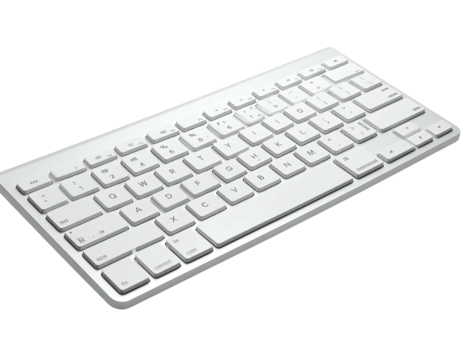 A white, wireless, chiclet-style keyboard, angled, with shadow, on a grey gradient