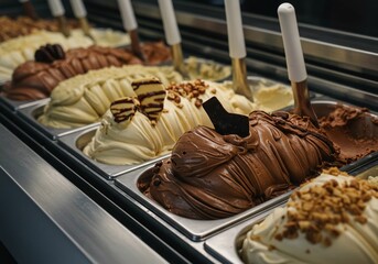Assortment of delicious Italian gelato flavors in a display case.